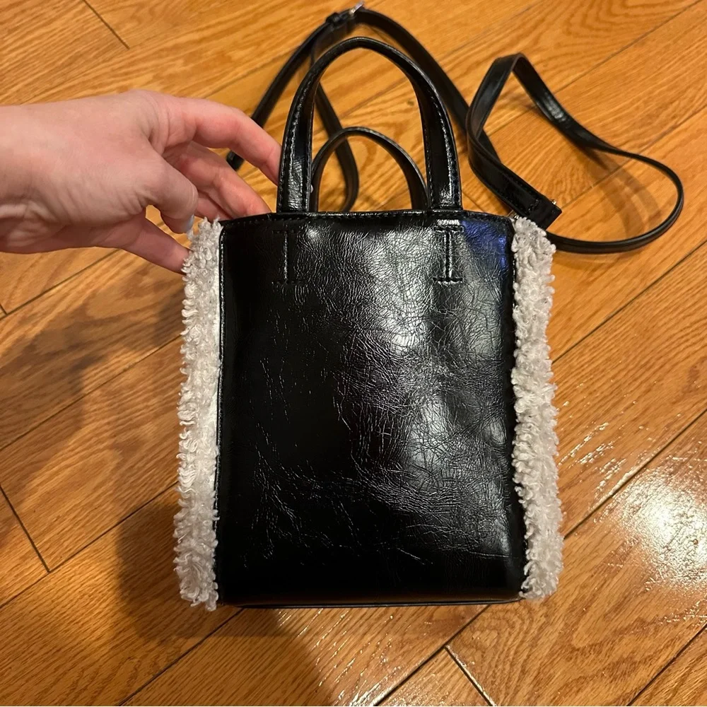 DKNY North South Crossbody Black Faux Leather Mini Tote with Sherpa Trim